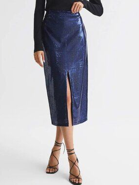 Reiss Dakota Blue Sequin Pencil Skirt Size 0
